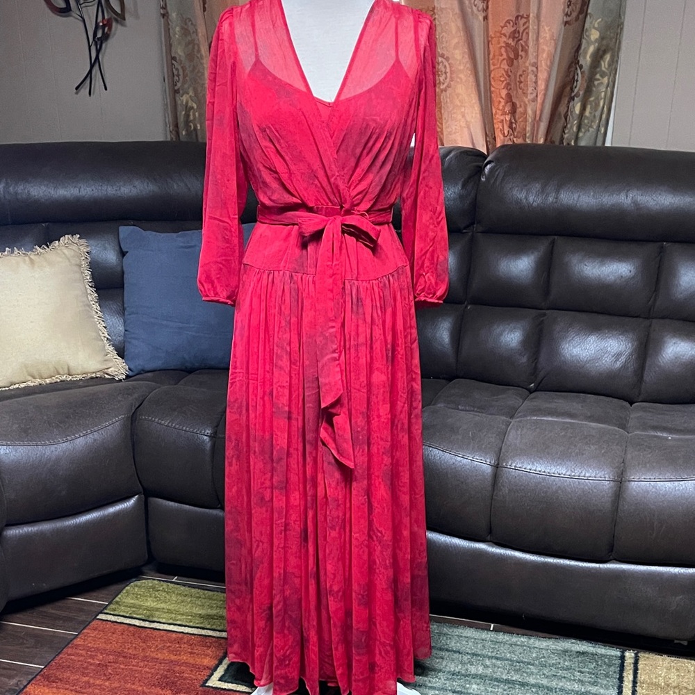 Calvin Klein Red Long-Sleeve Pleated Maxi Dress